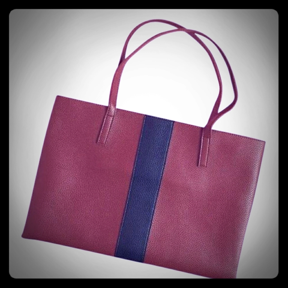 Vince Camuto cognac Leather Tote with dark Navy Stripe
